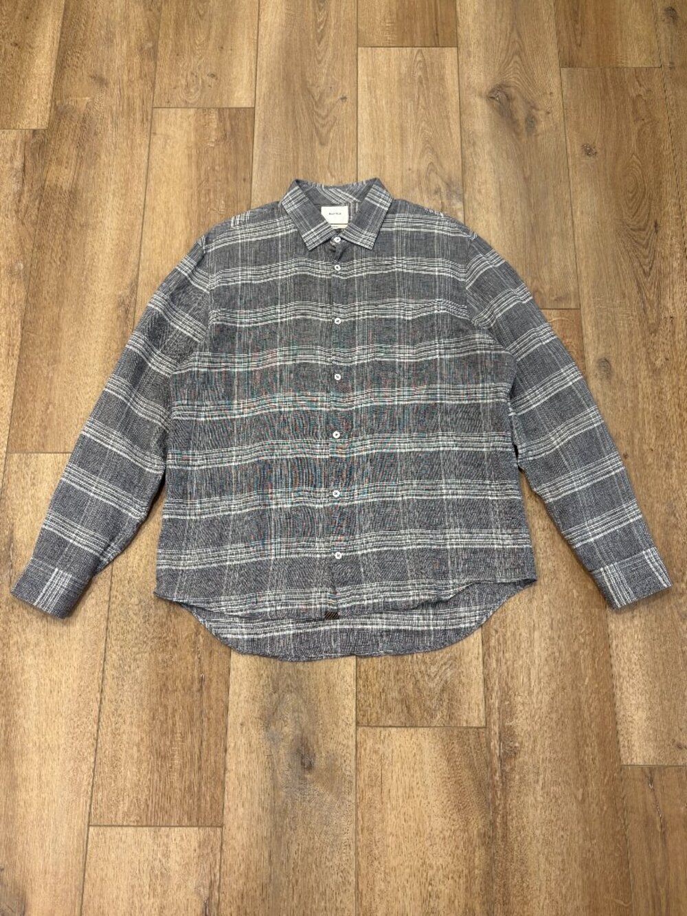 🌟 BILLY REID 🌟 100% LINEN PLAID COLLARED BUTTON FRONT SHIRT GRAY SZ L